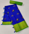 Blue color soft linen cotton saree with zari weaving border
