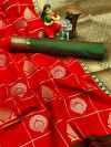 Red color soft lichi silk saree with golden & silver zari weaving work