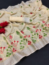 Cream color linen silk saree with embroidery work