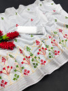 White color linen silk saree with embroidery work