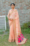 Peach color soft chanderi cotton saree with contrast woven work
