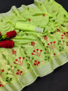 Pista green color linen silk saree with embroidery work