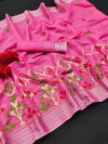 Rani pink color linen silk saree with embroidery work