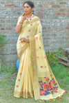 Yellow color soft chanderi cotton saree with contrast woven work