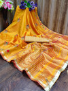 Yellow color cotton silk saree with embroidery work