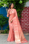 Baby pink color tussar silk weaving saree with ikat woven border