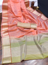 Peach color organza silk saree with woven work