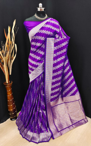 Violet color soft banarasi silk saree with golden and silver zari work