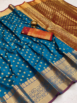 Firoji color soft banarasi silk saree with zari woven rich pallu and border