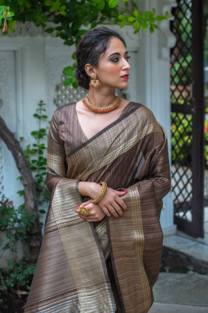 Brown color tussar silk saree with zari weaving border
