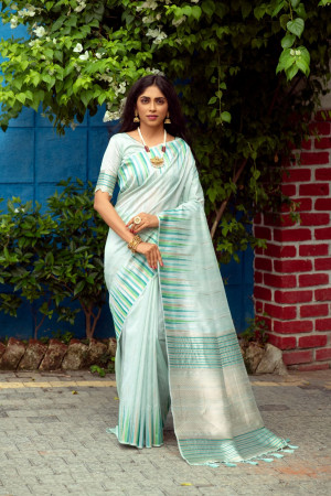 Sea green color tussar silk weaving saree with ikat woven border