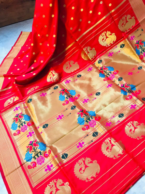 Red color soft kanchipuram silk saree with golden zari weaving work