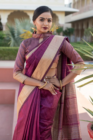 Magenta color tussar silk saree with zari weaving border