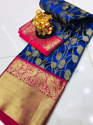 Royal blue color kanchipuram silk saree with zari woven work