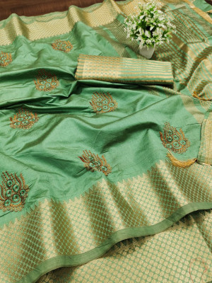Pista green color assam silk saree with embroidery work