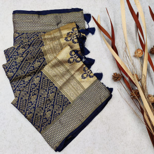 Navy blue color soft banarasi silk saree with woven work