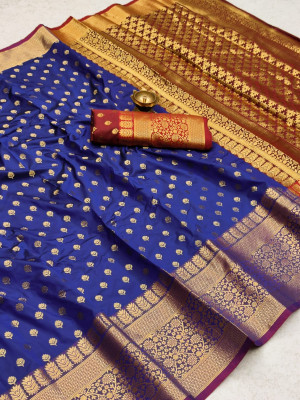 Royal blue color soft banarasi silk saree with zari woven rich pallu and border