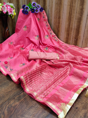 Rani pink color cotton silk saree with embroidery work