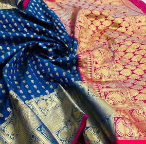 Navy blue color banarasi silk saree with gold zari weaving work