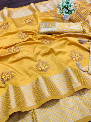 Yellow color assam silk saree with embroidery work