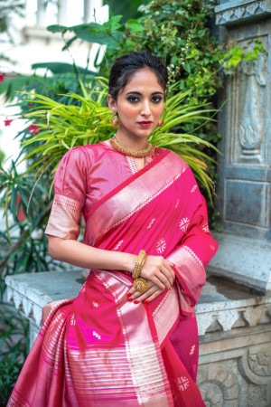 Rani pink color tussar silk weaving saree with zari woven butti