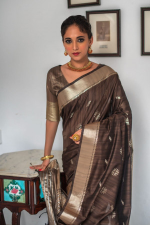 Coffee color tussar silk weaving saree with zari woven butti