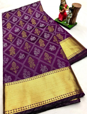 Magenta color soft cotton silk saree with golden zari border