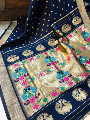 Navy blue color soft  kanchipuram silk saree with golden zari weaving work
