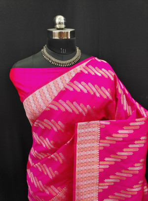 Pink color soft banarasi silk saree with golden and silver zari work
