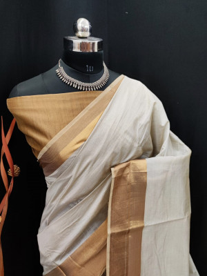 Gray color soft  silk saree with golden zari border