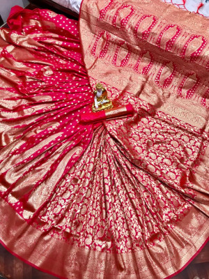 Gajari color soft banarasi silk saree with golden zari weaving design