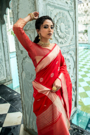 Red color tussar silk weaving saree with zari woven butti