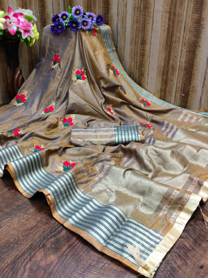 Gray color soft assam silk saree with embroidery work
