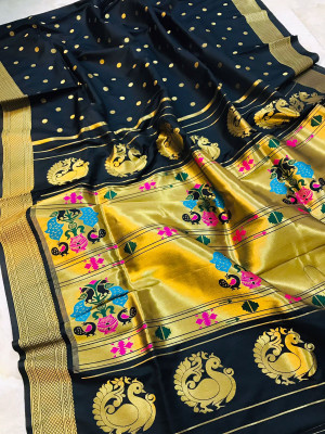 Black color soft kanchipuram silk saree with golden zari weaving work