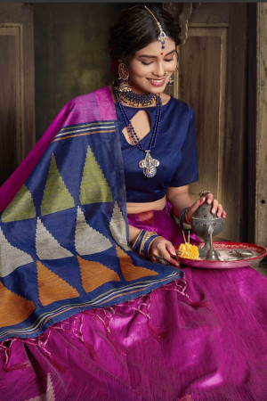 Rani pink color raw silk saree with woven design