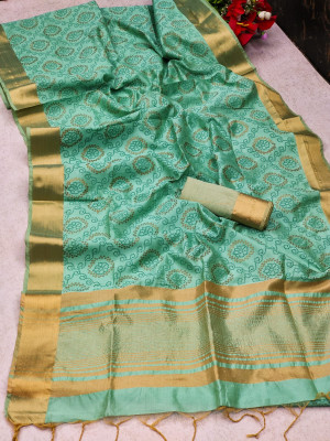 Sea green color assam silk saree with bandhani print
