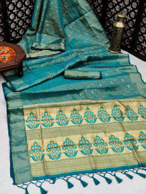 Rama green color soft banarasi silk saree with woven work