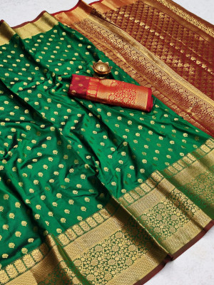 Green color soft banarasi silk saree with zari woven rich pallu and border
