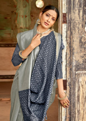 Gray color metallic linen saree with silver zari border