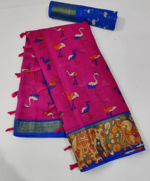Pink color soft linen cotton saree with zari weaving border