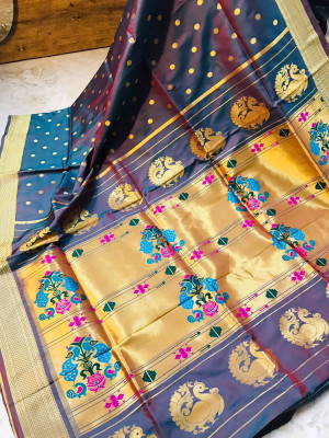 Twotone rama green color soft kanchipuram silk saree with golden zari weaving work