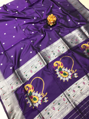 Purple color soft paithani silk saree silver zari weaving work