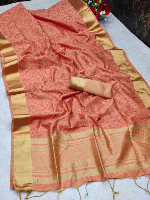 Peach color assam silk saree with bandhani print