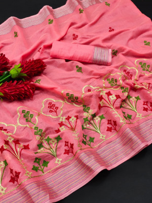Baby Pink color linen silk saree with embroidery work