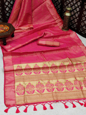 Rani pink color soft banarasi silk saree with woven work