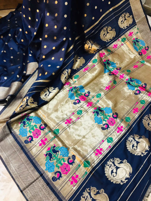 Navy blue color soft  kanchipuram silk saree with golden zari weaving work