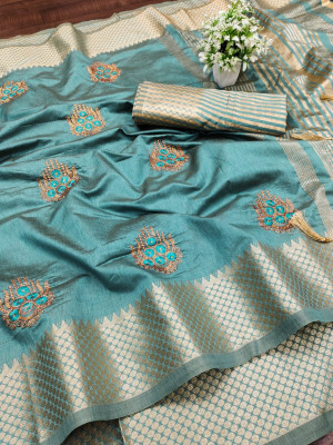 Rama green color assam silk saree with embroidery work