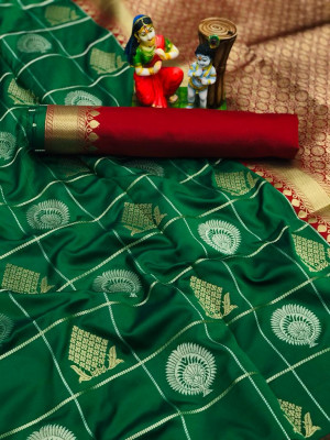 Green color soft lichi silk saree with golden & silver zari weaving work