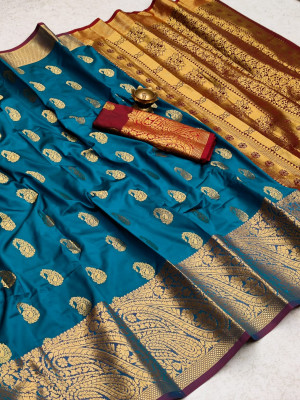 Dark firoji color soft banarasi silk saree with golden zari work