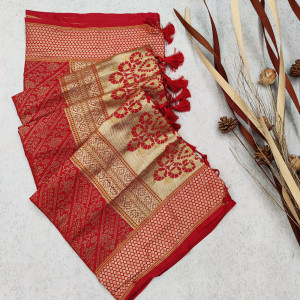 Red color soft banarasi silk saree with woven work